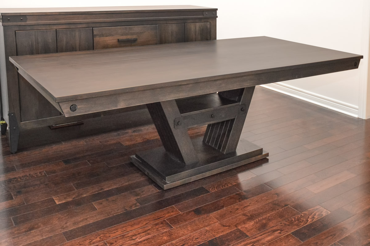 Handstone Algoma Table – Algoma Top Profile -Wormy Maple, Brushwork Finish, Peppercorn Stain – 42” x 92”