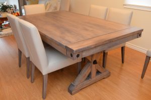 Handstone Furniture Dealer Toronto Rafters table - Wormy Maple, Brushwork Finish, Oyster Stain - 42' x 72' with two 18' leaves - Cordova chair (Traffic 9003 Grey)